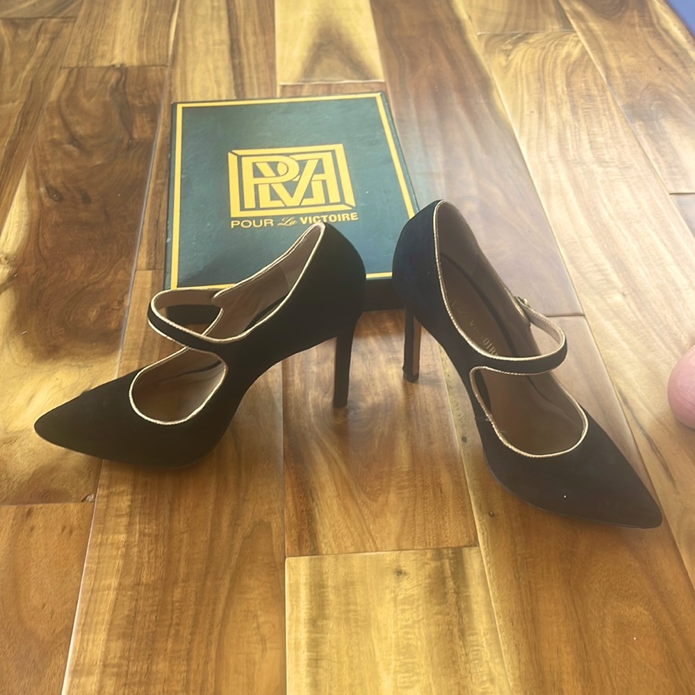 Black Suede Gold Trimmed Mary Jane Pumps (6.5) by Pour La Victoire